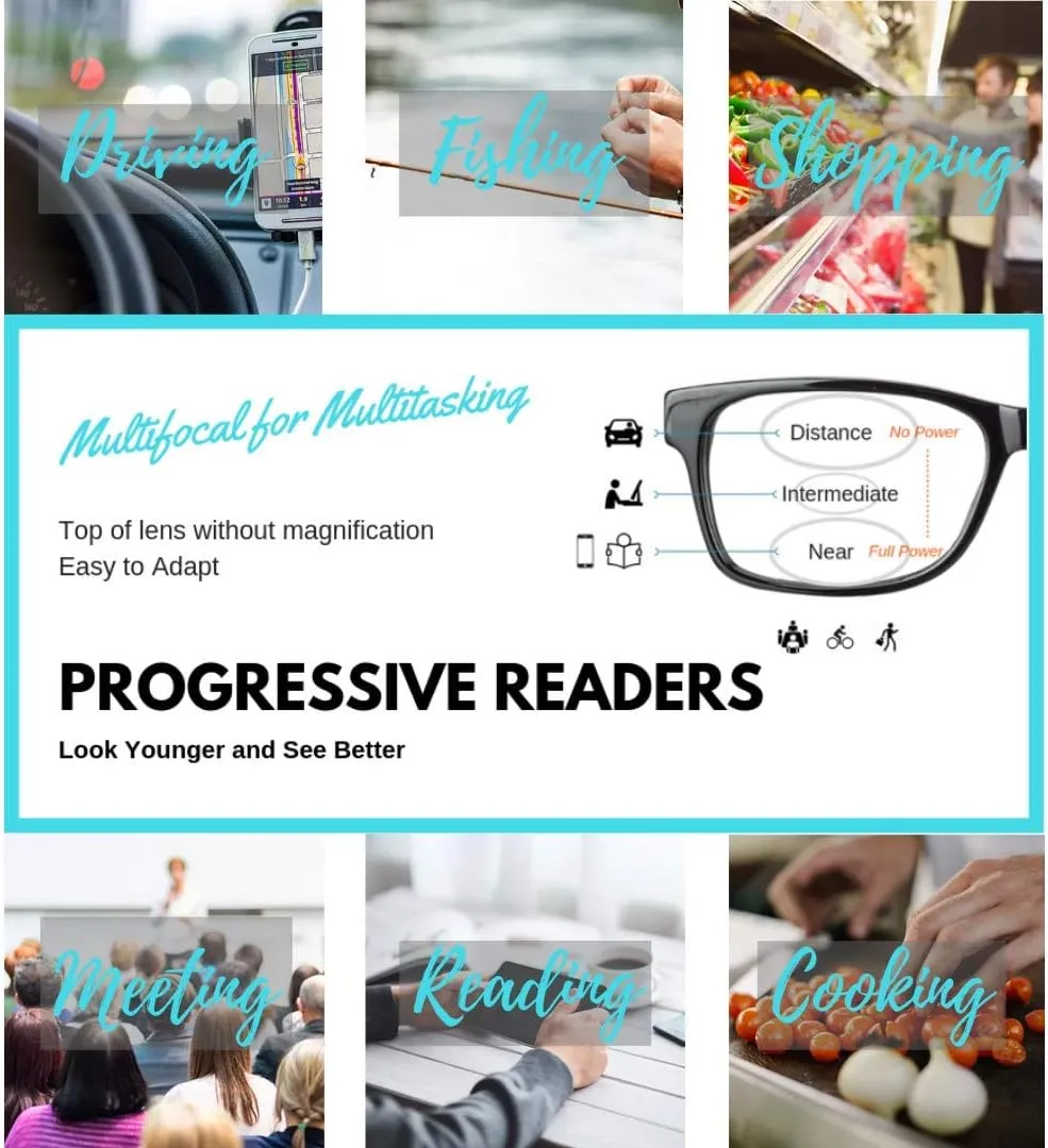 ProEyes Octans, Progressive Blue Light Blocking Readers, 0 Strength on Top Lens (2 Crystal, 2.50 x)