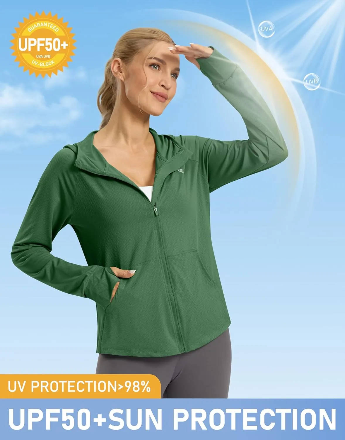 SANTINY Women's UPF 50  UV Jacket Sun Protection Zip up Hoodie Lightweight Summer SPF Long Sleeve Shirts for Hiking Running