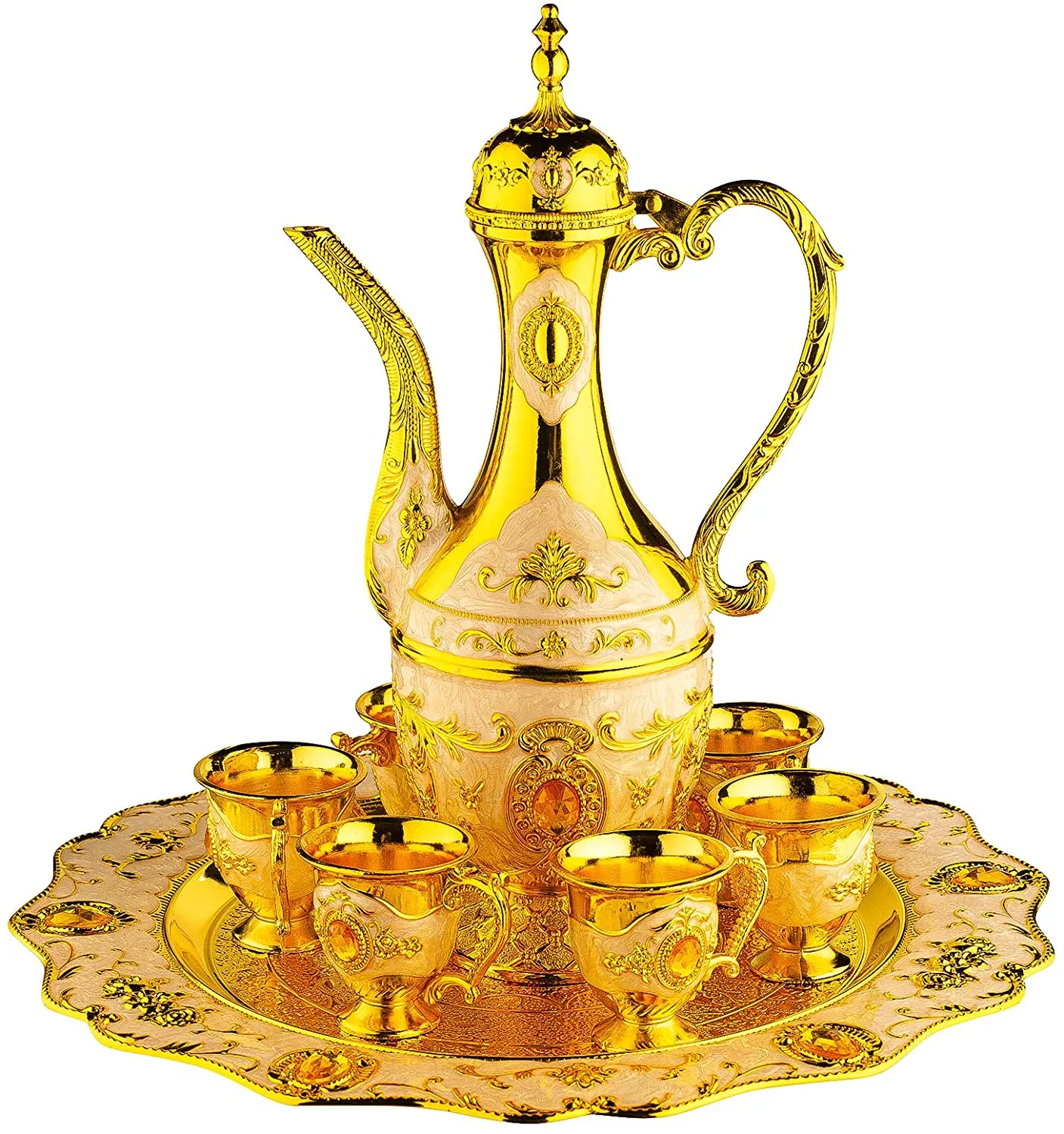 Vintage Turkish Coffee Pot Set for 6 including Tray  with Swarovski Style Crystals