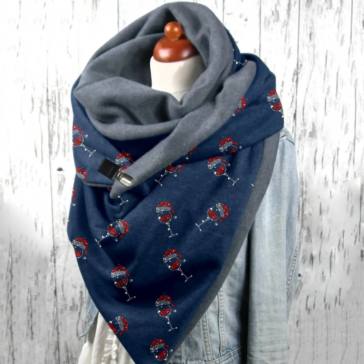 Women Christmas Scarf and Wrap Santa Pattern Chunky Triangle Scarves with Button Gift for Xmas Cashmere Feel Big Cold Weather