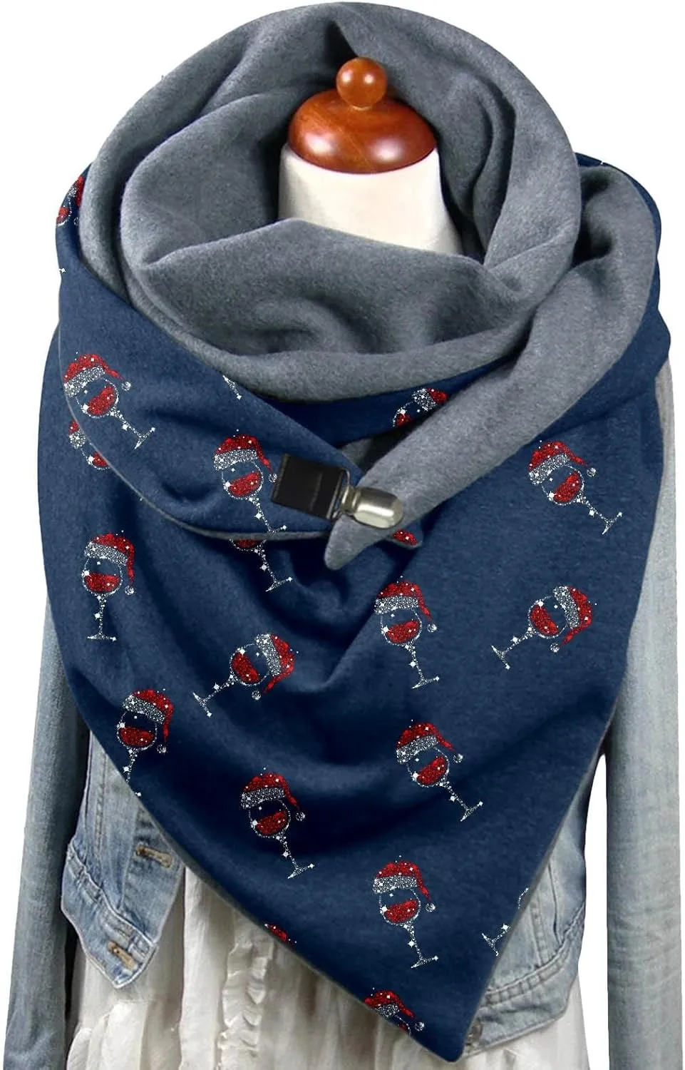 Women Christmas Scarf and Wrap Santa Pattern Chunky Triangle Scarves with Button Gift for Xmas Cashmere Feel Big Cold Weather
