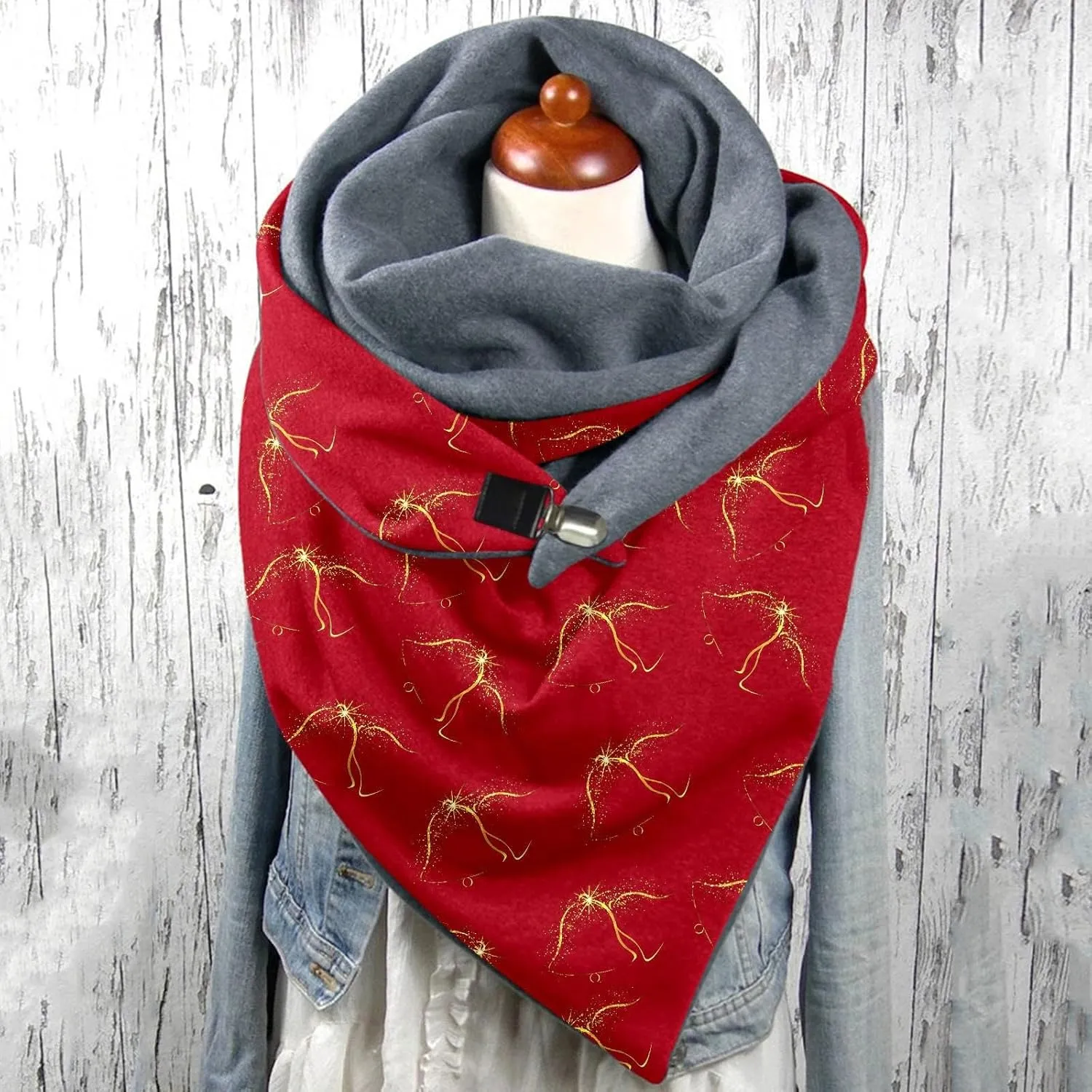 Women Christmas Scarf and Wrap Santa Pattern Chunky Triangle Scarves with Button Gift for Xmas Thick Cashmere Feel Oversized