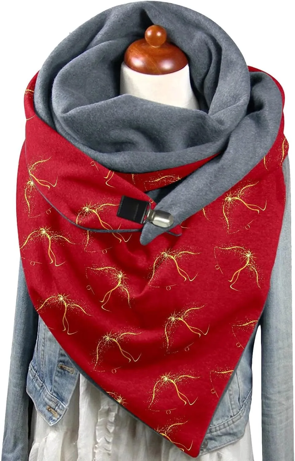 Women Christmas Scarf and Wrap Santa Pattern Chunky Triangle Scarves with Button Gift for Xmas Thick Cashmere Feel Oversized