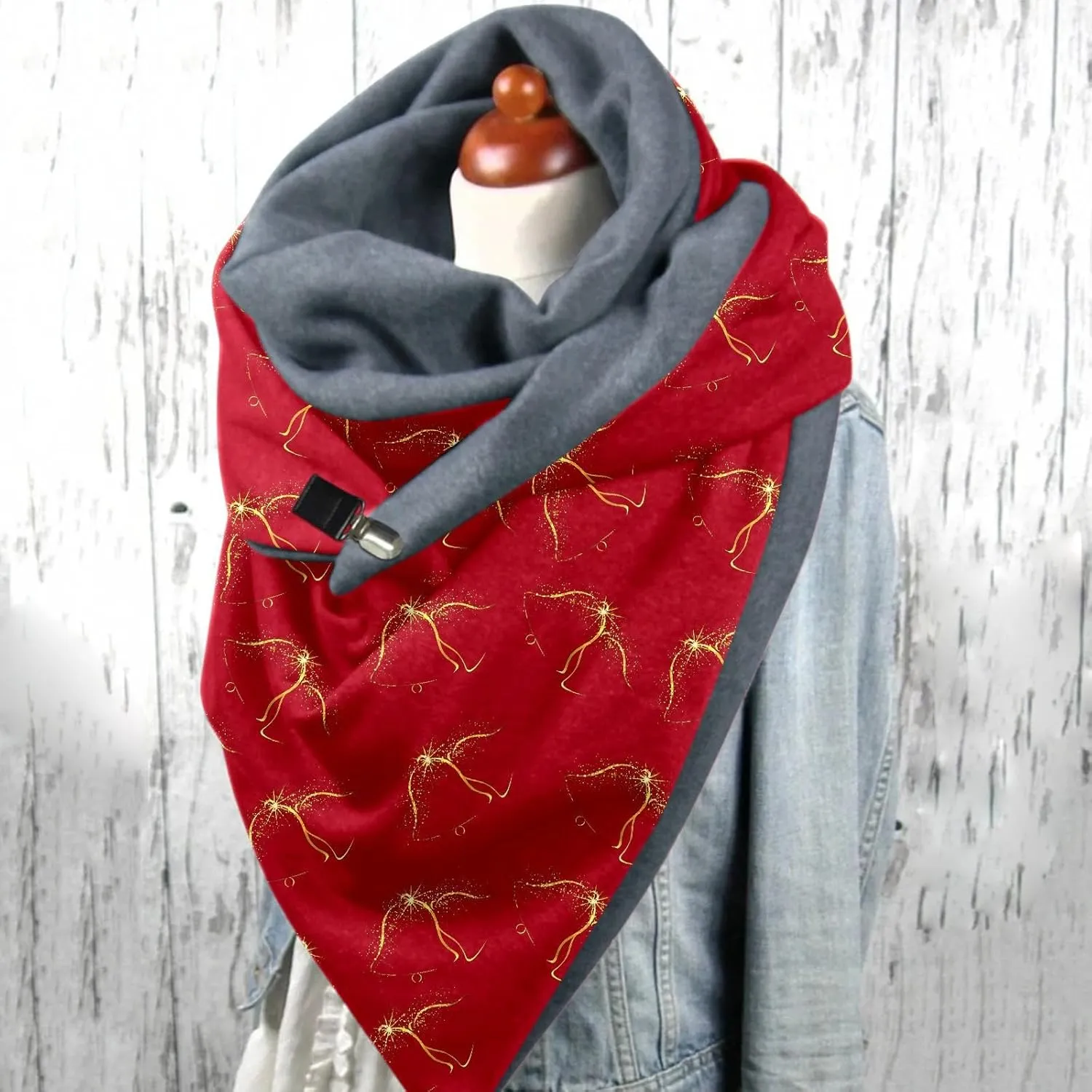Women Christmas Scarf and Wrap Santa Pattern Chunky Triangle Scarves with Button Gift for Xmas Thick Cashmere Feel Oversized