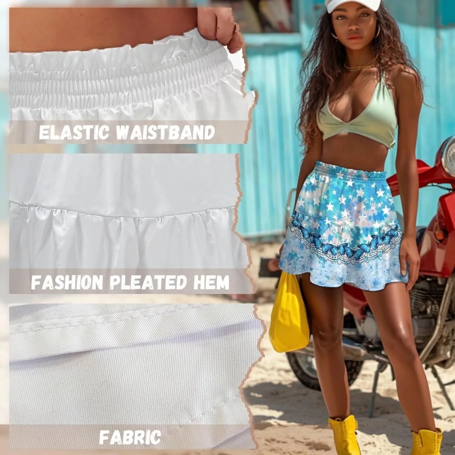 Women High Waisted Skater Skirt Stretchy Ruffle Hem Pleated Skirt Airy Soft Tennis Skirt Comfy Summer Y2k Mini Skirt