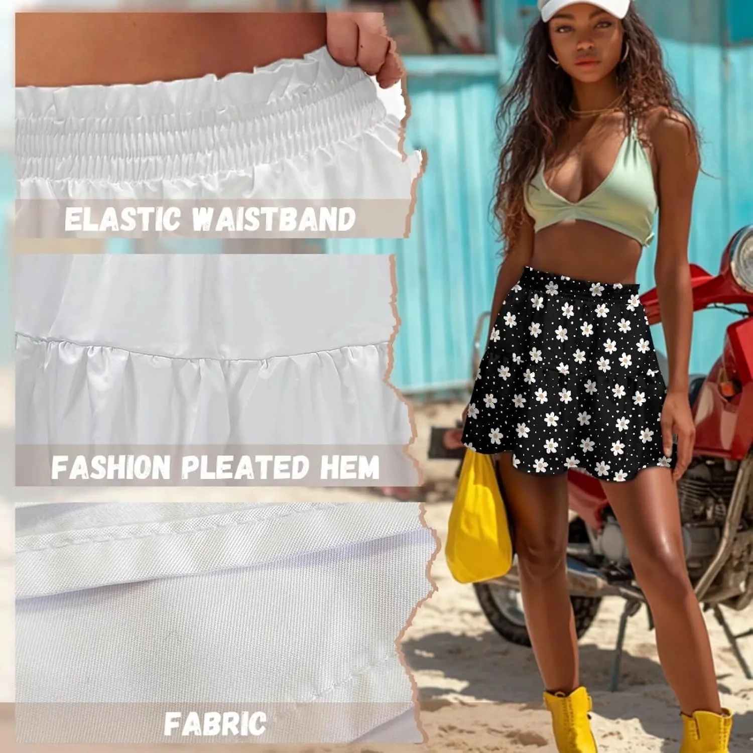 Women High Waisted Skater Skirt Stretchy Ruffle Hem Pleated Skirt Airy Soft Tennis Skirt Comfy Summer Y2k Mini Skirt