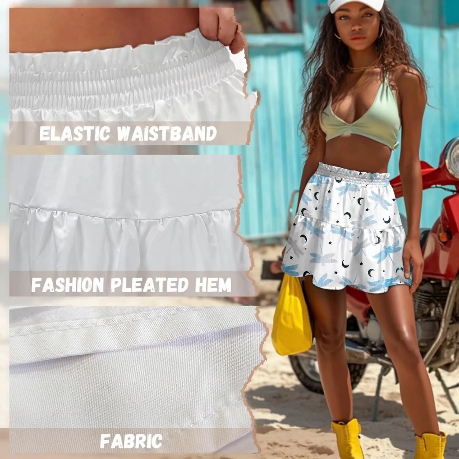 Women High Waisted Skater Skirt Stretchy Ruffle Hem Pleated Skirt Airy Soft Tennis Skirt Comfy Summer Y2k Mini Skirt