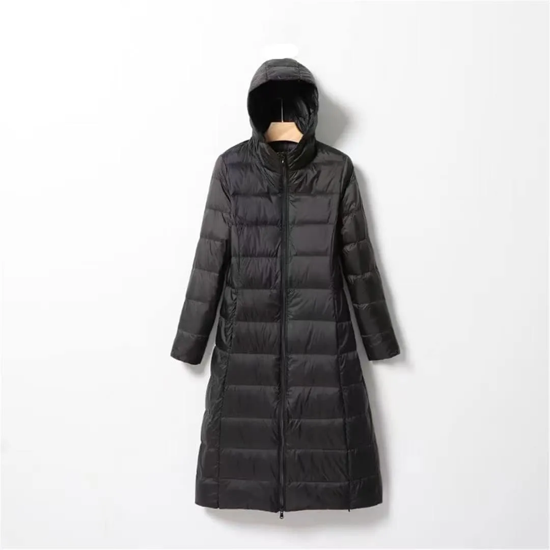 Women Long Down Jacket Female Ultra Light Knee Slim Fit Hooded Down Coat Casual Puffer Jackets