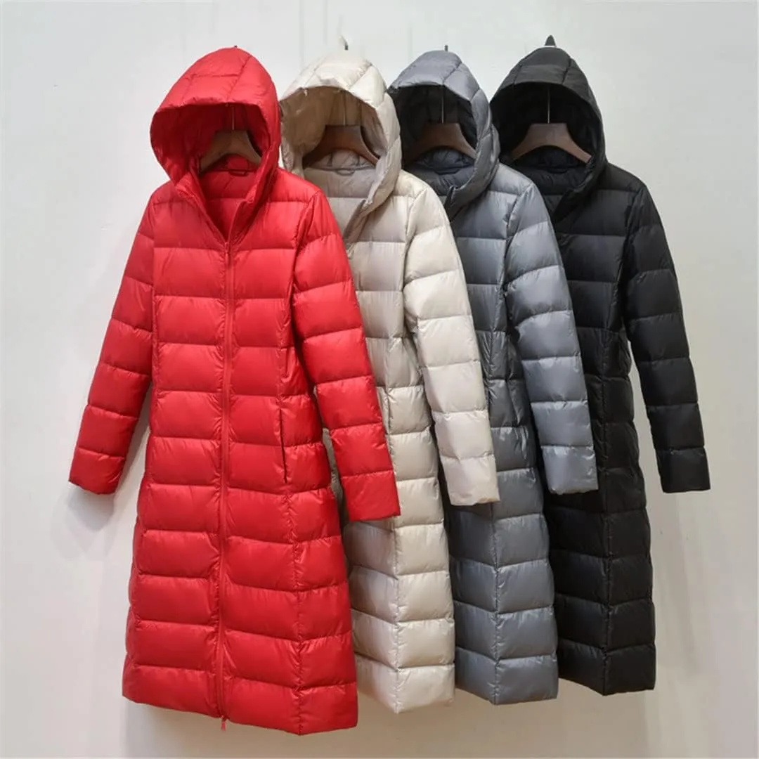 Women Long Down Jacket Female Ultra Light Knee Slim Fit Hooded Down Coat Casual Puffer Jackets