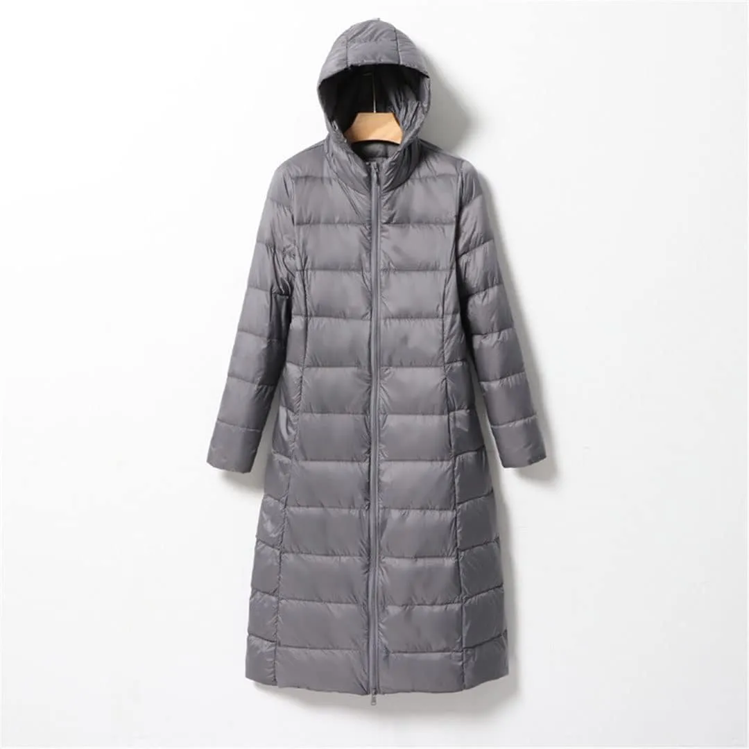 Women Long Down Jacket Female Ultra Light Knee Slim Fit Hooded Down Coat Casual Puffer Jackets