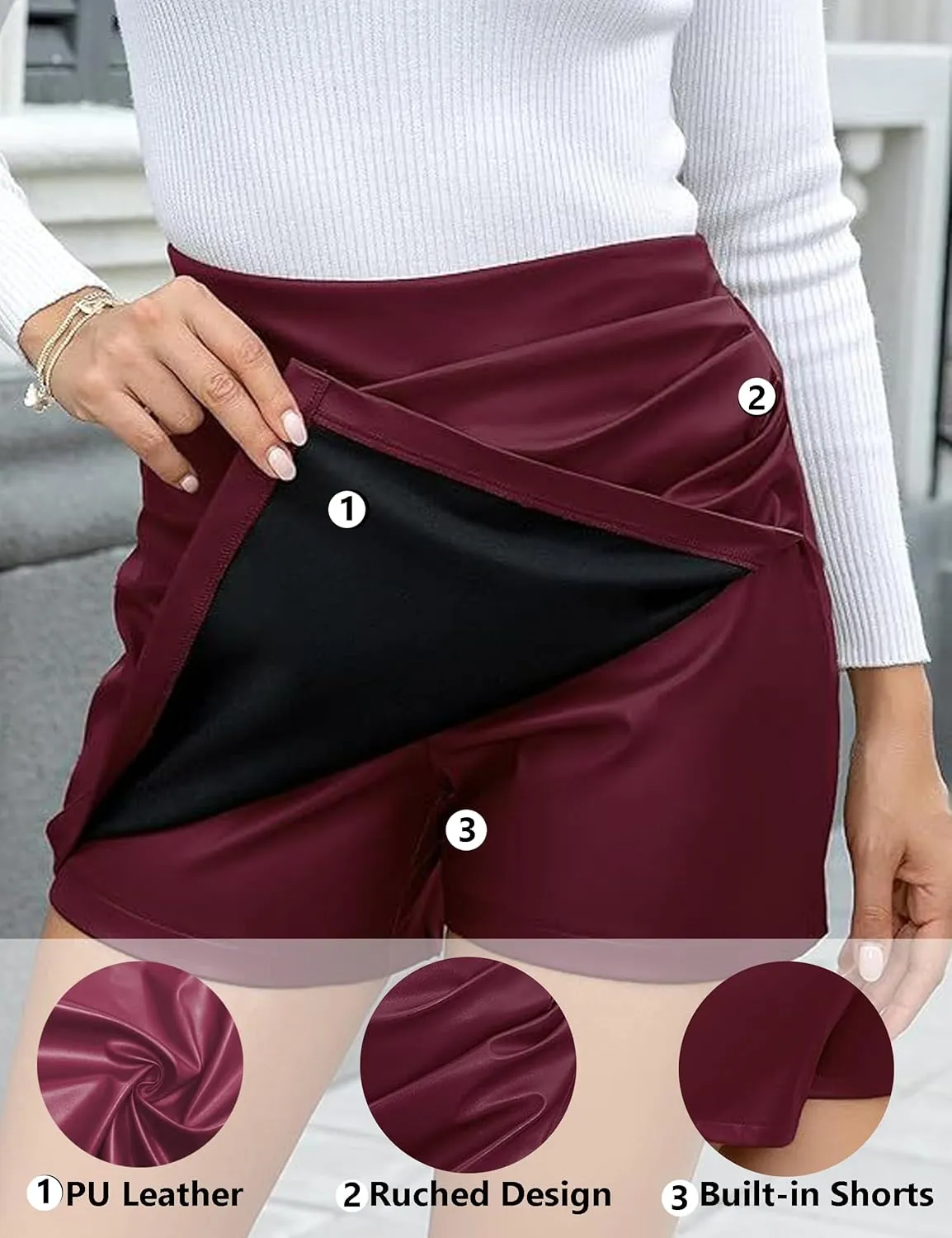 Women's 2 in 1 Pleated Leather Shorts Dressy Casual Ruched Wrap Trendy Asymmetrical Skirt Faux PU Mini Skort