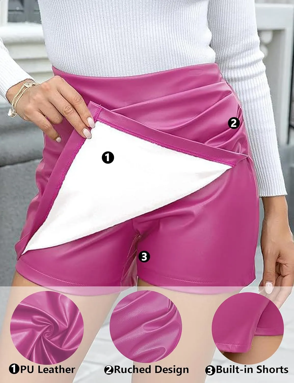 Women's 2 in 1 Pleated Leather Shorts Dressy Casual Ruched Wrap Trendy Asymmetrical Skirt Faux PU Mini Skort
