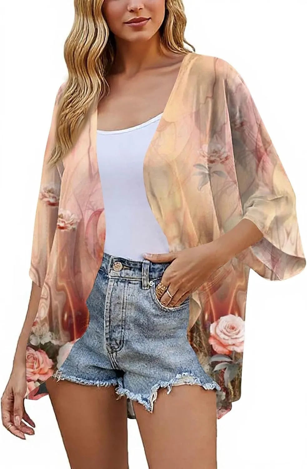 Women's Chiffon Kimono Cardigan - Floral Geometric Print Beach Cover-Up, Lightweight Summer Jacket for Pool Party