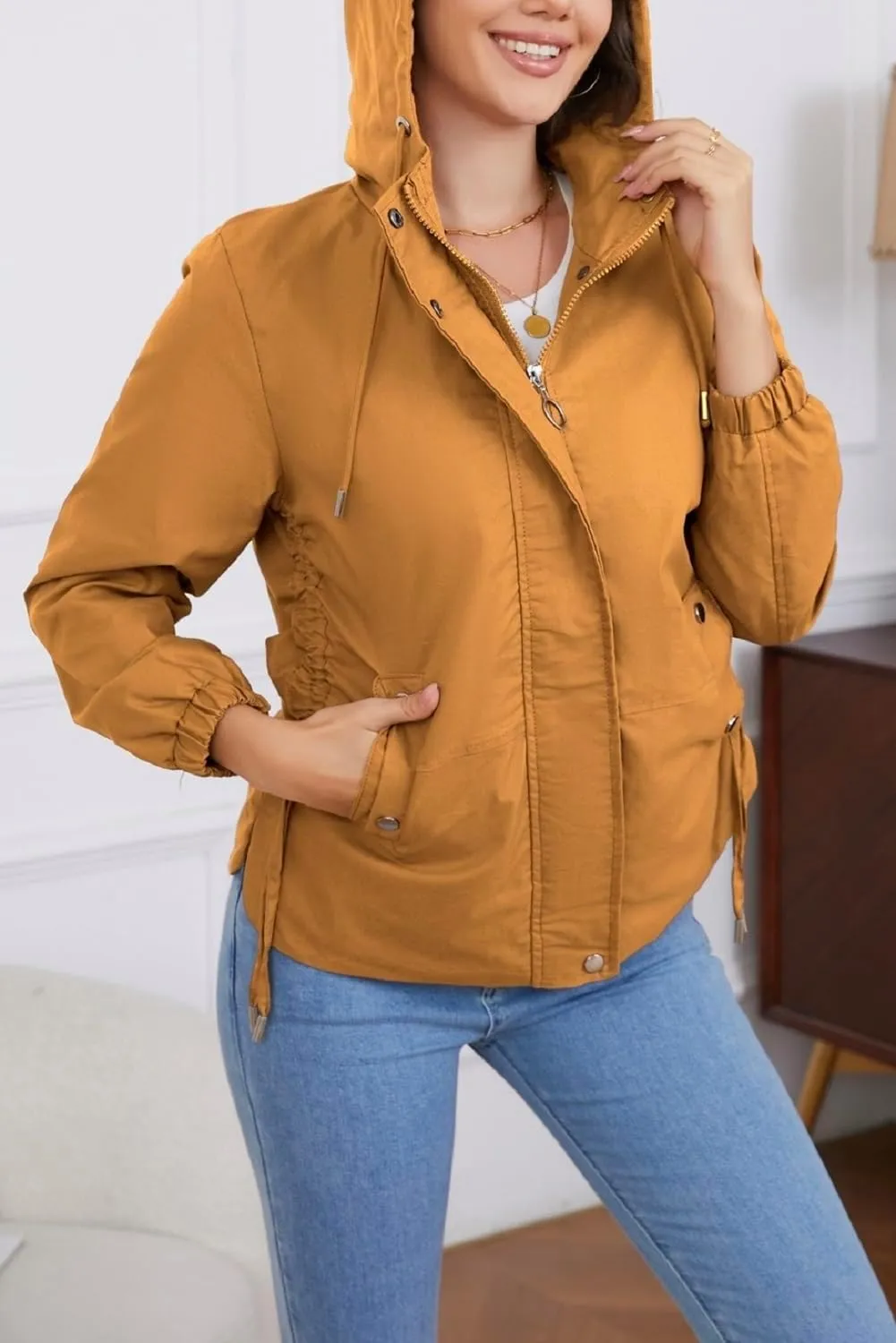 Women's Jacket with Pockets Lightweight Drawstring Versatile Casual Hooded Zipper Utility Jacket Windbreaker