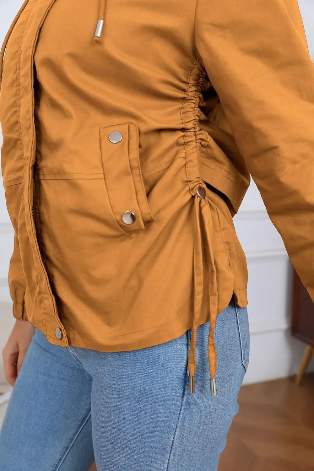 Women's Jacket with Pockets Lightweight Drawstring Versatile Casual Hooded Zipper Utility Jacket Windbreaker