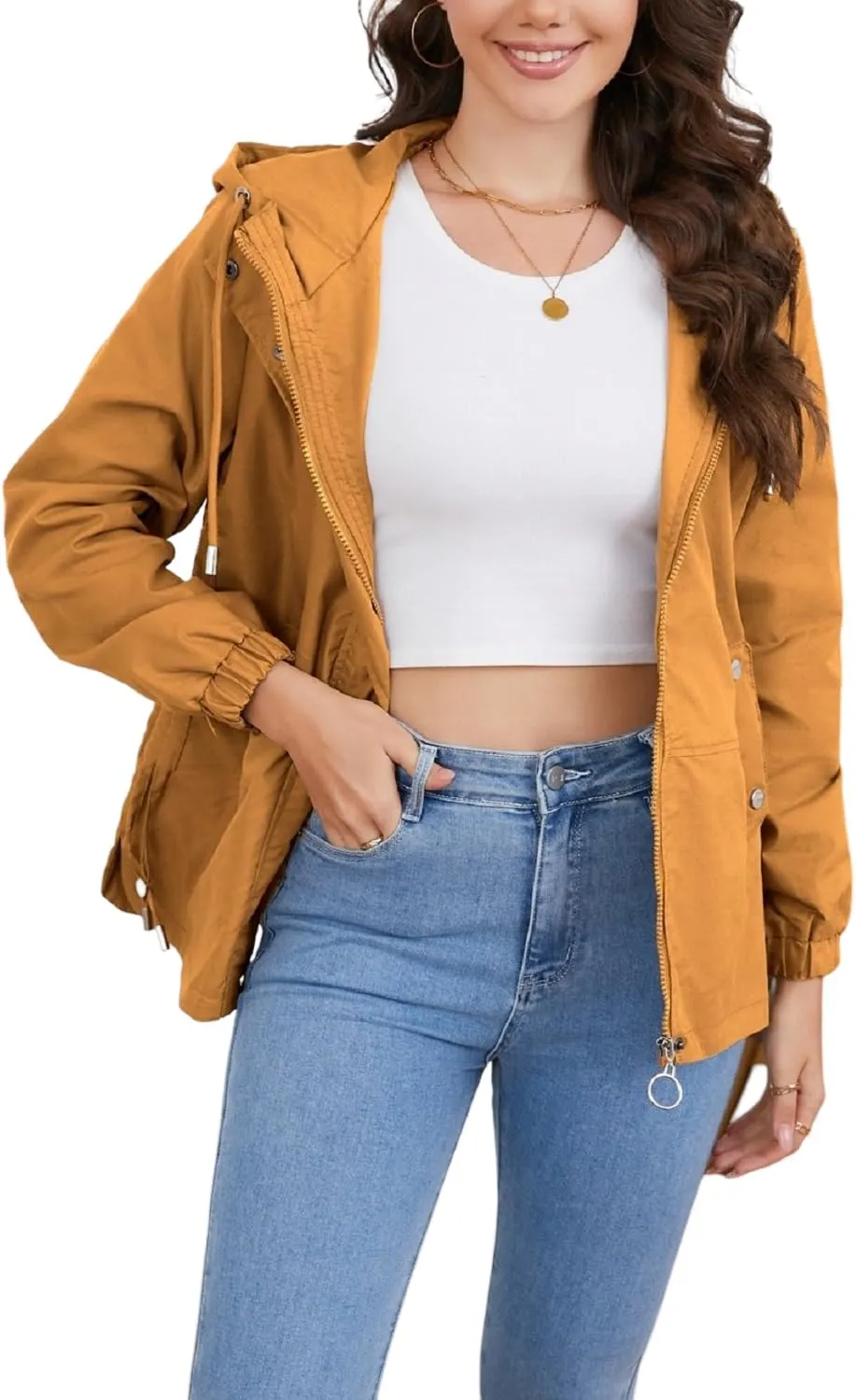 Women's Jacket with Pockets Lightweight Drawstring Versatile Casual Hooded Zipper Utility Jacket Windbreaker