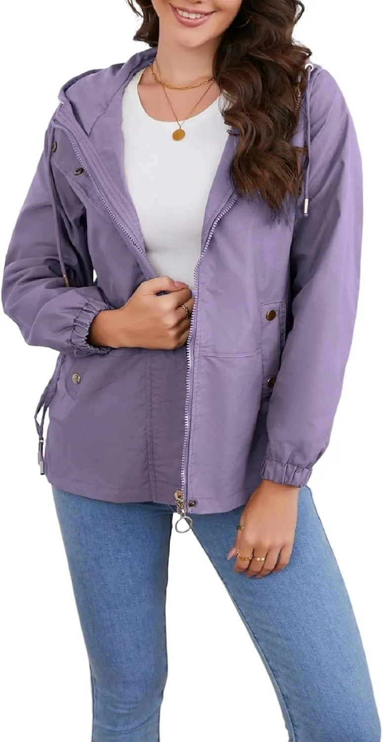 Women's Jacket with Pockets Lightweight Drawstring Versatile Casual Hooded Zipper Utility Jacket Windbreaker