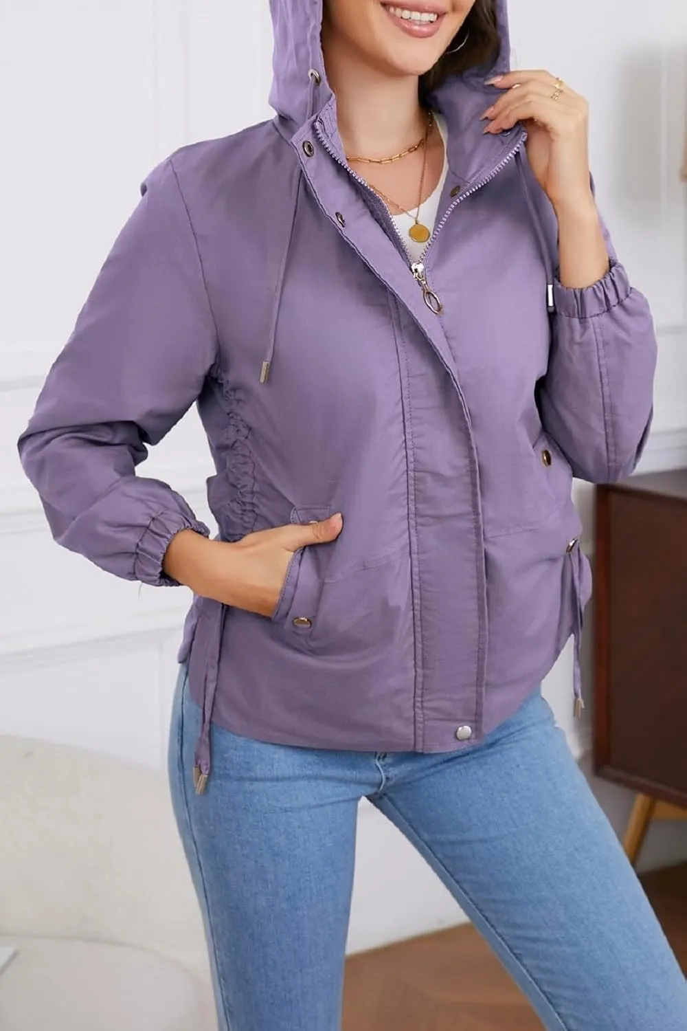 Women's Jacket with Pockets Lightweight Drawstring Versatile Casual Hooded Zipper Utility Jacket Windbreaker