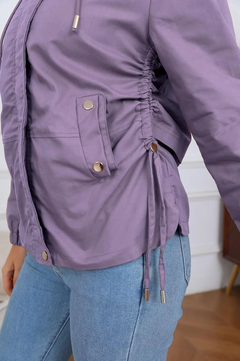 Women's Jacket with Pockets Lightweight Drawstring Versatile Casual Hooded Zipper Utility Jacket Windbreaker