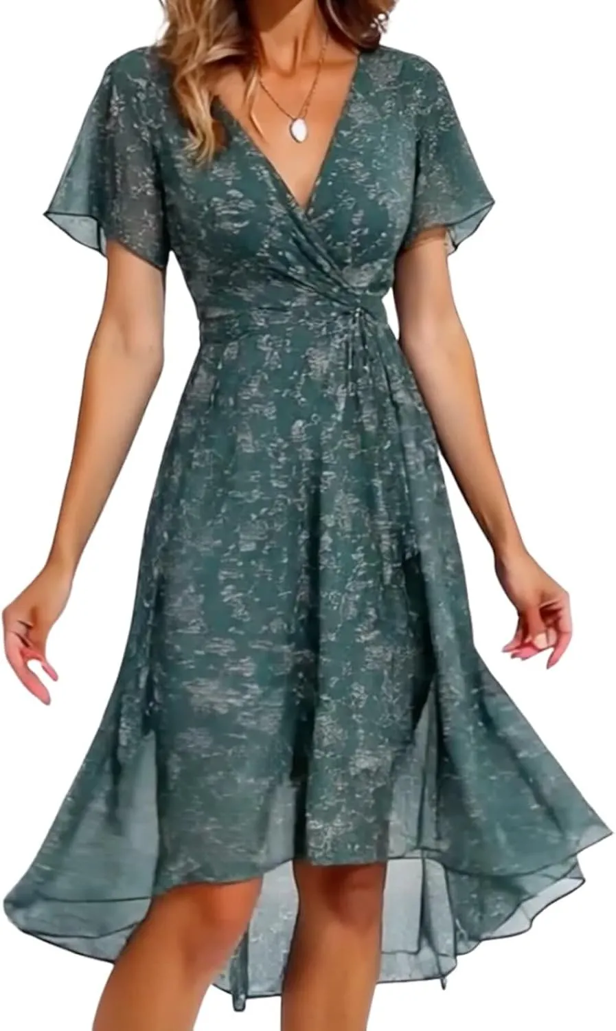 Women's Summer V-Neck Floral Wrap Midi Dress Ruffled Hem V-Neck Short Sleeve Flowy Beach Vacation Casual Outfit Dress