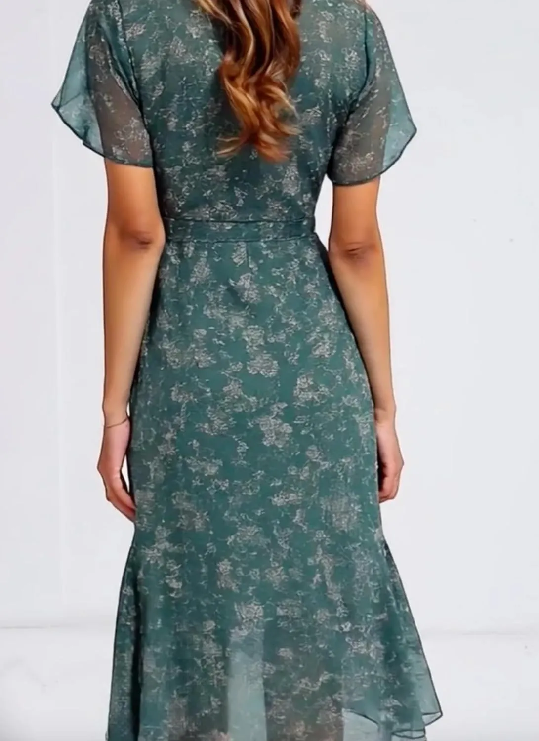 Women's Summer V-Neck Floral Wrap Midi Dress Ruffled Hem V-Neck Short Sleeve Flowy Beach Vacation Casual Outfit Dress