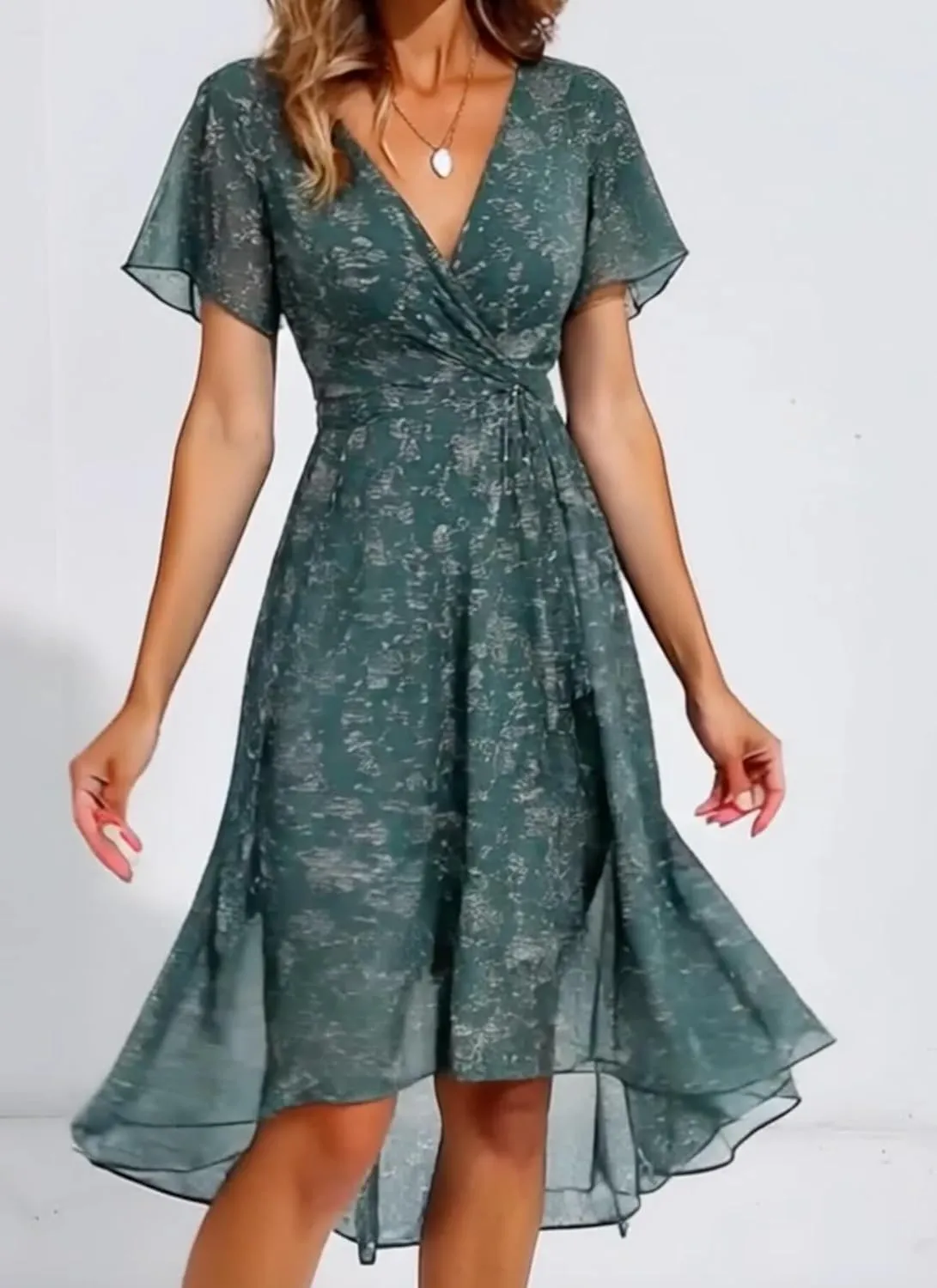 Women's Summer V-Neck Floral Wrap Midi Dress Ruffled Hem V-Neck Short Sleeve Flowy Beach Vacation Casual Outfit Dress