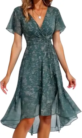 Women's Summer V-Neck Floral Wrap Midi Dress Ruffled Hem V-Neck Short Sleeve Flowy Beach Vacation Casual Outfit Dress