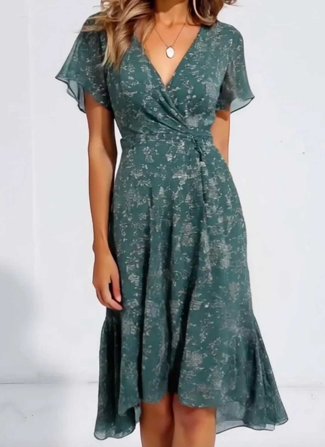 Women's Summer V-Neck Floral Wrap Midi Dress Ruffled Hem V-Neck Short Sleeve Flowy Beach Vacation Casual Outfit Dress