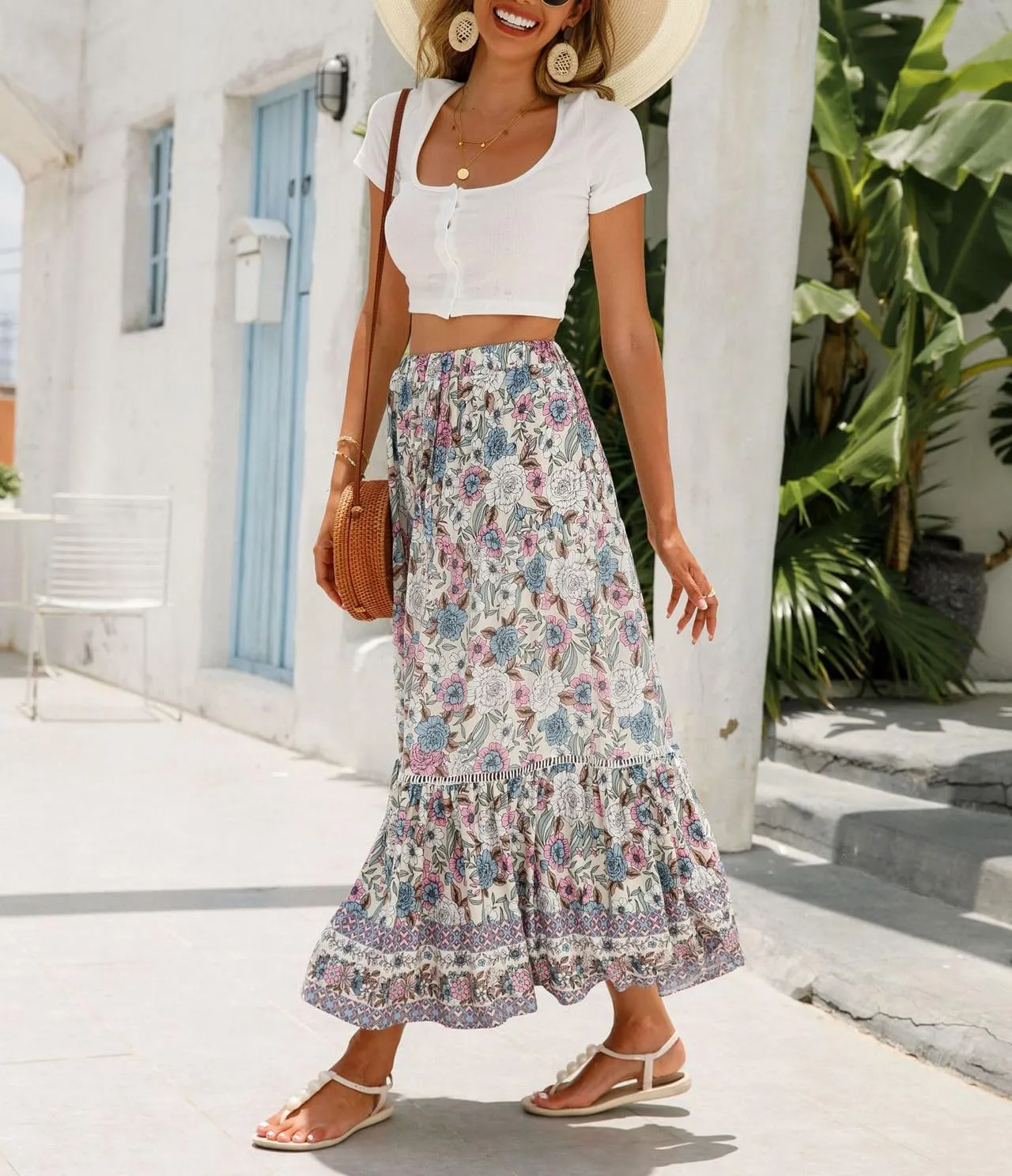 ZOCAVIA Women's Boho Floral Maxi Skirt Elastic High Waist Pleated A-Line Swing Flowy Long Skirts Beach Vacation Outfits