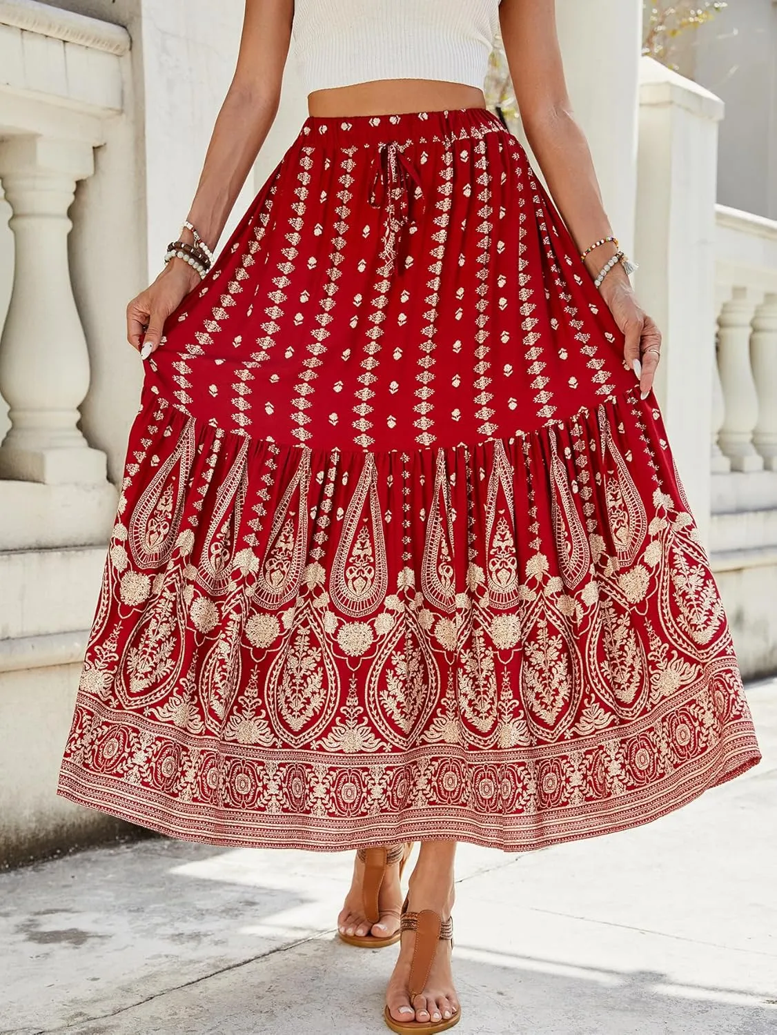 ZOCAVIA Women's Boho Floral Maxi Skirt Elastic High Waist Pleated A-Line Swing Flowy Long Skirts Beach Vacation Outfits