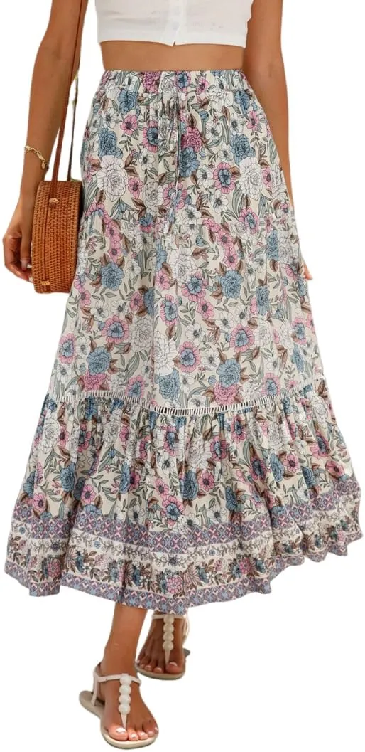 ZOCAVIA Women's Boho Floral Maxi Skirt Elastic High Waist Pleated A-Line Swing Flowy Long Skirts Beach Vacation Outfits