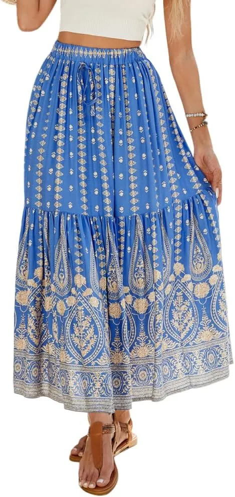 ZOCAVIA Women's Boho Floral Maxi Skirt Elastic High Waist Pleated A-Line Swing Flowy Long Skirts Beach Vacation Outfits