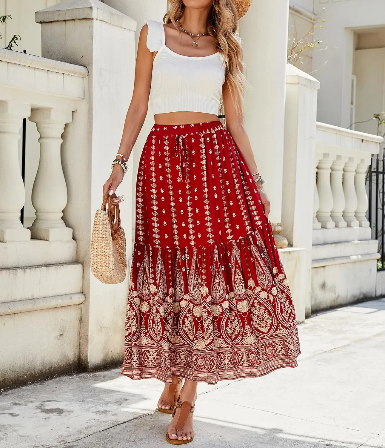 ZOCAVIA Women's Boho Floral Maxi Skirt Elastic High Waist Pleated A-Line Swing Flowy Long Skirts Beach Vacation Outfits