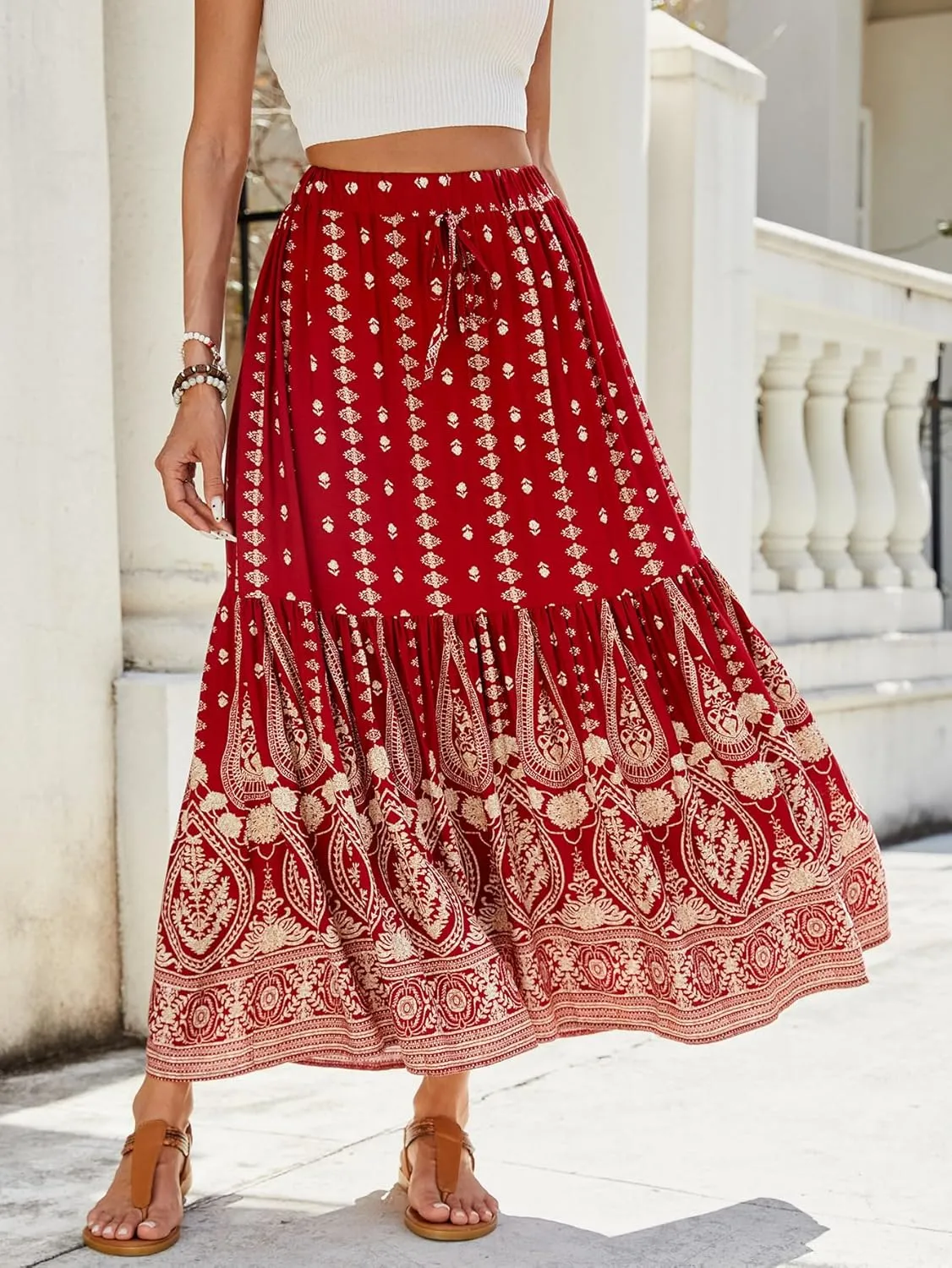 ZOCAVIA Women's Boho Floral Maxi Skirt Elastic High Waist Pleated A-Line Swing Flowy Long Skirts Beach Vacation Outfits