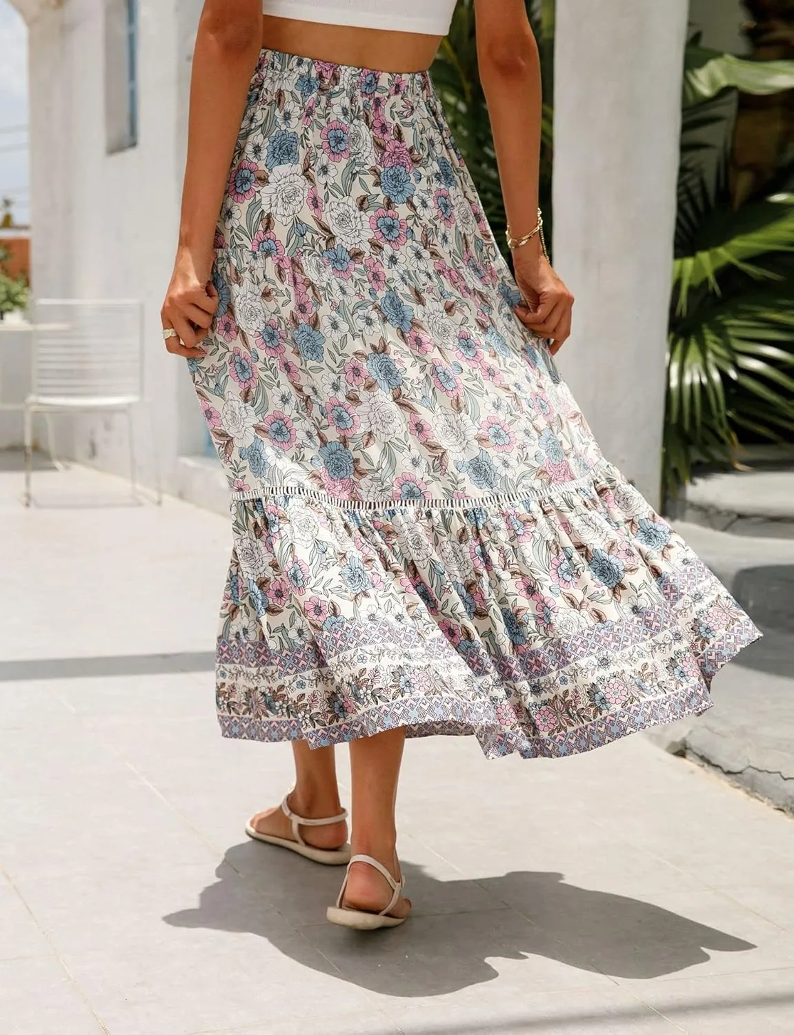 ZOCAVIA Women's Boho Floral Maxi Skirt Elastic High Waist Pleated A-Line Swing Flowy Long Skirts Beach Vacation Outfits