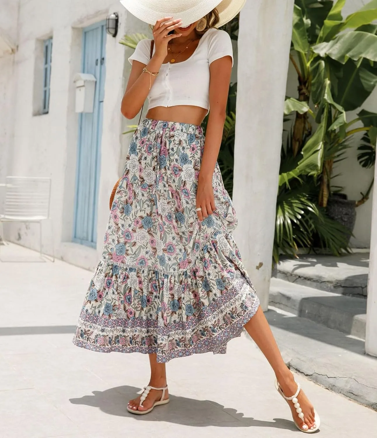 ZOCAVIA Women's Boho Floral Maxi Skirt Elastic High Waist Pleated A-Line Swing Flowy Long Skirts Beach Vacation Outfits